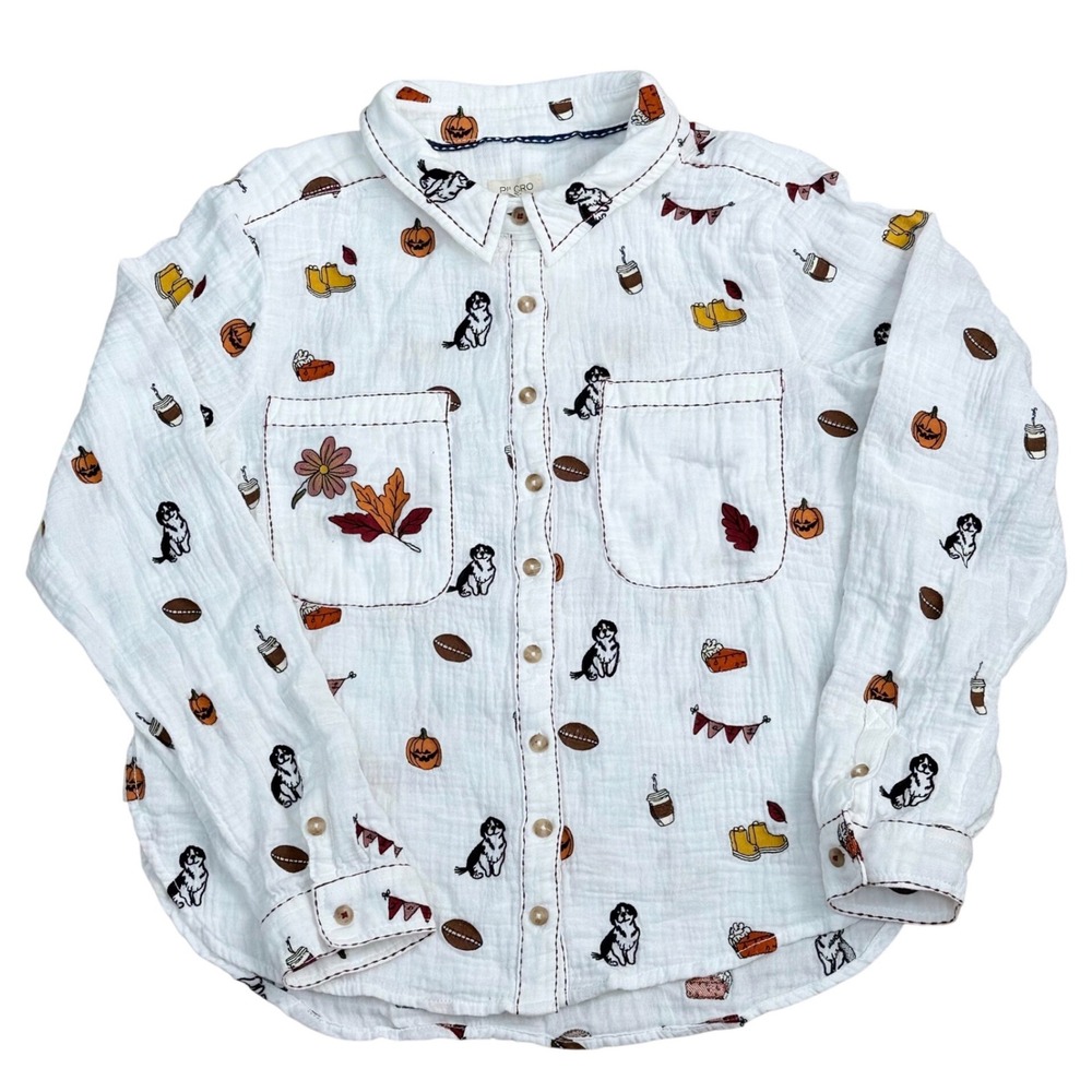 Pilcro Fall Autumn Print Gauze Button Down Shirt Women Large White Football Fall